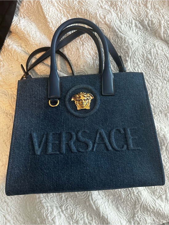 Versace Handbags - Versace Dark Blue Denim Tote with Gold Medusa Emblem
